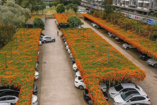 Rows of cars sit under trellises covered in orange and green vines—living roofs that turn an ordinary lot into something closer to a park.