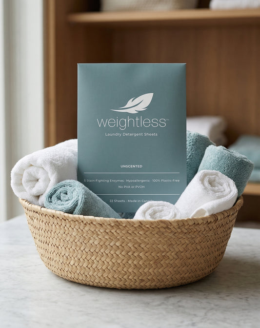 Welcome to the NEW Weightless Laundry Sheets. PVA-Free, Unscented, Made in Canada
